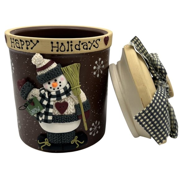 Happy Holidays 3D Snowman Ceramic Cookie Jar Lid Bow 7" Brown Snowflake Design - Picture 10 of 12